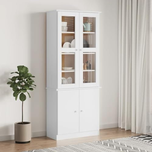 ARKEM Vitrinenschrank ALTA Weiß 77x35x186,5 cm Massivholz Kiefer VitrinenschräNke Cabinet Wohnzimmerschrank