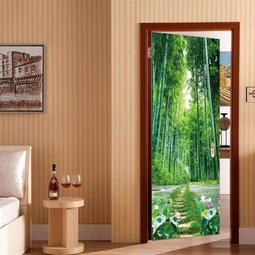 A.Monamour Adesivo Porta Autoadesiva 3D Paesaggio Naturale Del Sentiero Nel Bosco Di Bambù Verde Vinile PVC Adesivi per Porte Interne Pellicola Adesiva Poster Sticker Murale Parete Carta da Parati