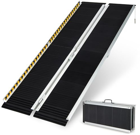 GOPLUS Rullstolsramp av aluminium, bärbar aluminiumramp med övergångsplatta och halkfri yta och reflekterande varningsdekal, vikbar ramp för trappor, bagageutrymme (183 x 74 cm)