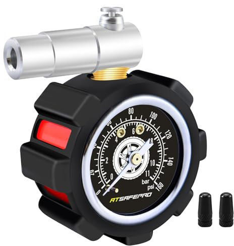 ATsafepro Presta Valve - Manómetro de neumáticos para bicicleta de montaña, 0-160 PSI y 0-11BAR de doble escala, alivio de presión de aire, perfecto para accesorios de bicicleta de montaña