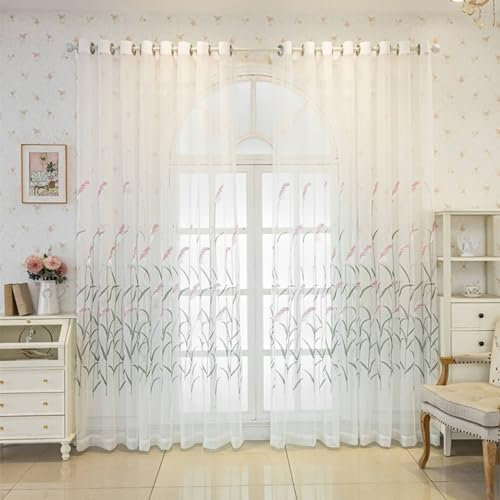 Gardinen Wohnzimmer 2er Set Weiß 102x244CM, Vorhänge Lichtdurchlässig Ösen Landhausstil Stickerei mit Weizenähren Motiv Gardinenschals Polyester Halbtransparent Schiebevorhänge Schlafzimmer Küche