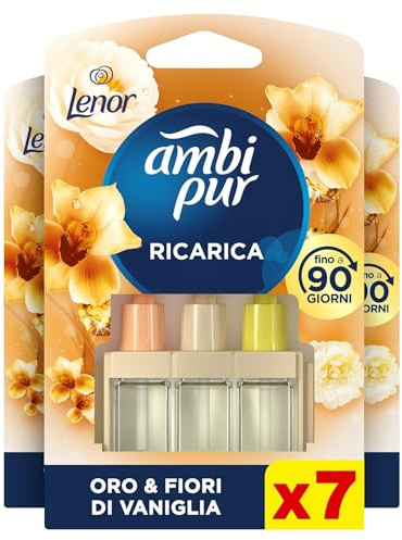 Ambi Pur 3Volution Ricarica Profumatore Elettrico, 7 Pezzi, Lenor Oro | Tecnologia elimina odori, fragranza Fiori di Vaniglia, fino a 90 giorni