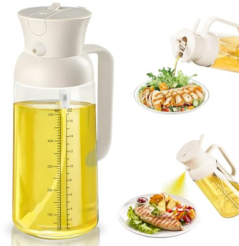 Ölsprüher zum Kochen, 2 in 1 Öl Sprühflasche für Speiseöl, 19oz/550ml Ölflasche Glas mit Messskala, Ölspray für Heißluftfritteuse, Oil Sprayer für Salat, Olivenöl Spray für Backen, BBQ, Grill (weiß)