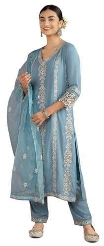 Kaari Ensemble Kurta Chikankari avec Dupatta – Coupe droite | Broderie Chikankari et dentelle | Dentelle sur les manches | Dupatta en organza avec dentelle | Pantalon droit avec poche latérale
