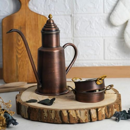 ALFIQ Copper Olive Oil Dispenser Pot + Oil Dipping Set | 600 ml Handcrafted Solid Copper Oil Bottle | 100% Solid Copper with Brass Crown (Red Matte Copper)