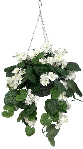 GreenBrokers Cesta Colgante de ratán Gris Geranio Artificial con Vid (25 cm)
