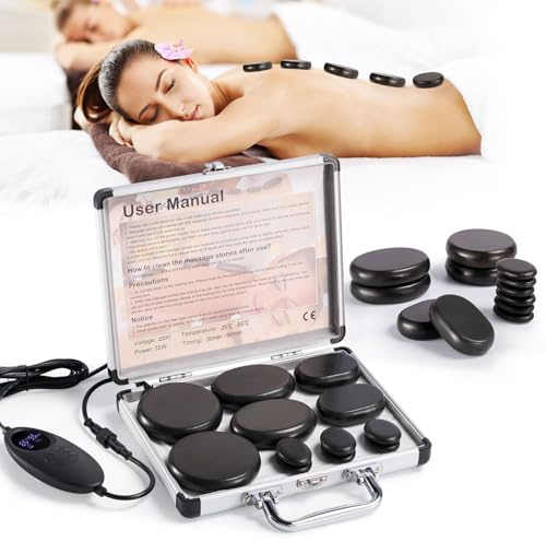 Fachmach 12PCS Hot Stone Massage Kit with Temperature Control for Spa | Premium basalt stones retain consistent heat for deep muscle relaxation and full-body tension relief.