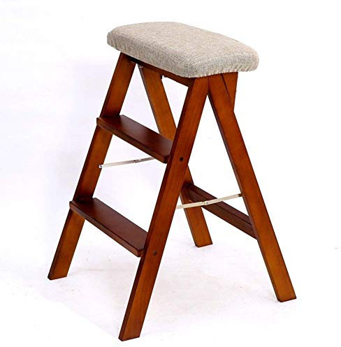 Folding Wood Step Ladder Stool for Adults Portable Multifunction Kitchen Stepladder and Small Bench Light Walnut Color Space Saving Design