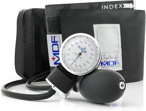 MDF Instruments Calibra Sfigmomanometro Aneroide Premium con bracciale adulto e custodia. Calibrazione a vita, quadrante bianco, bracciale Nero. MDF808M11