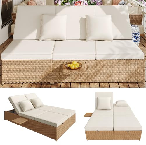Outdoor Gartenliege Doppelbett, Rattan Outdoor Liege, Rattansofa, das als Gartenmöbel im Freien verwendet werden kann, geeignet für Lounges, Balkone und Gärten, wetterfest, klappbar, mit Kissen, weiß