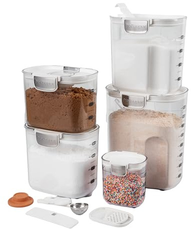 ProKeeper+ Airtight Food Storage Container Set – Clear Plastic Flour and Sugar Canister Set with Magnetic Accessories for Kitchen Organization (White, 9-Piece)