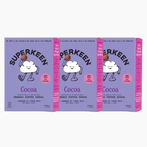 SUPERKEEN Breakfast Cereal, Cocoa Crisp Crunch | Gluten Free Cereal with Tiger Nuts | High Fibre, Vegan, Nut Free, No additives | Anti-Inflammatory Superfood for Gut Health - Chocolate (240g Each)
