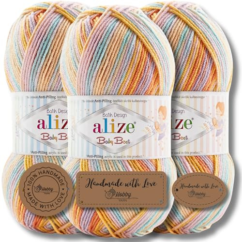 Hobby YARN 3x Etikettenlabel mit Alize Baby Best Batik 3x 100g als Set, Antipilling Babywolle Acryl Uni & Batik Strickgarn zum Häkeln und Stricken Farbverlauf (7931)