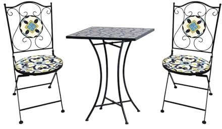Dekoratives Mosaik Set 3-teilig Sitzgarnitur Sitzgruppe Outdoormöbel Gartentisch Stühle Gartenmöbel Bistrotisch