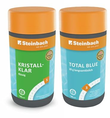 Steinbach | Poolpflege Starter-Set | Kristallklar flüssig + Total Blue | langsamlöslich 20g | Perfektes Set zur Reinigung und Wartung | Poolwasser sauber und kristallklar
