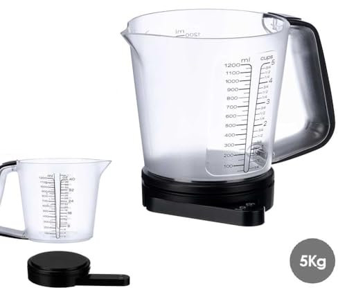 Bilancia Digitale da Cucina 1200ml con Misurino Integrato 5Kg, Caraffa Graduata Elettronica in Plastica con Display LCD, per Liquidi e Solidi, Utensile da Cucina Preciso e Multifunzionale
