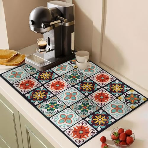 Coffee Machine Mat Super Absorbent, 50X40CM Draining Board Mat Non-Slip, Quick Drying Dish Drying Mat, Coffee Bar (Geometric)