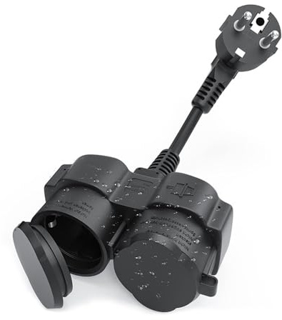 KBIBCK Verlängerungskabel mit 2 Fach Schuko Steckdosen, Schuko Doppelstecker Kabel, 2 in 1 Outdoor Steckdose, Außen Schutzkontakt Kurze Kabel, IP44 Wasserdicht für Innen und Außenbereiche (Schwarz)