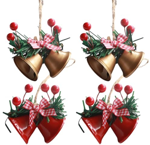 YOFDAL 4 Pezzi Campanelle Albero di Natale, Campanelle con Fiocchi Bacche Artificiali per Decorare Ghirlande Alberi di Natale Finestre(Rosso + Oro)