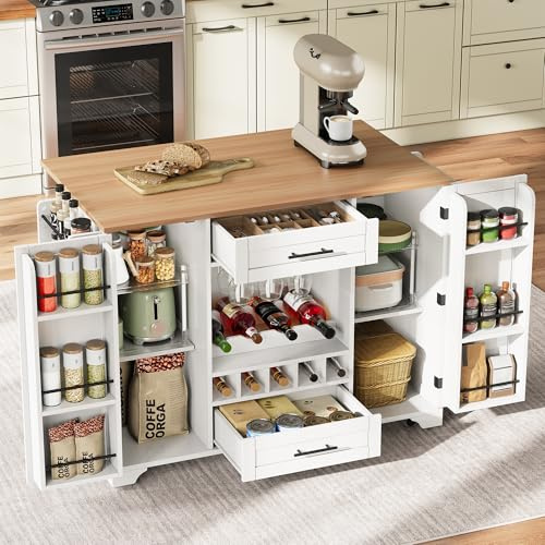 Oslghy Küchenwagen, Kücheninsel mit Klappbarem Arbeitsplatte, Küchenschrank mit Rollen, Modern Servierwagen Buffetschrank mit Weinregal, Glashalter, Gewürzregal & Handtuchhalter,120x45xx92cm (Weiß)