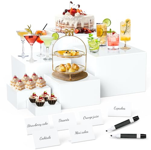 6 Pcs Buffet Risers with Mini Sign and Maker, Food Risers Display Stands for Buffet Table Party Catering Dessert Jewelry Collectibles, Nesting Cube Boxes with Hollow Bottoms (8,7,6,5,4,3)