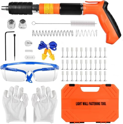 Cloueur Beton Sans Fil,Pistolet à Clous Cloueuse Pneumatique Kit,Pistolet à Clou Manuel avec 5 Niveaux de Réglable,Pistolets à Ongles Portable avec 120 Clous Ronds,Lunettes Gants (Orange)