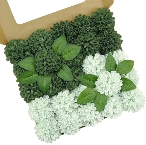 Artificial Flowers, 25pcs Sage Green and White Fake Rose for Bridal Shower | Real Looking Artificial Dahlia Flowers with Stem for Arrangements Centerpieces DIY Bouquets Wedding Party Home Decorations