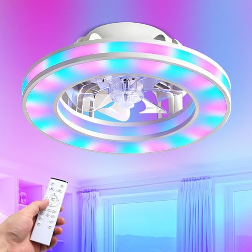 XSXUDODP RGB Ventilateur Plafond avec Lumière, Luminaire Plafonnier Ventilateur et Télécommande, Dimmable LED Lampe Ventilateurs de Plafond pour Chambre Salon