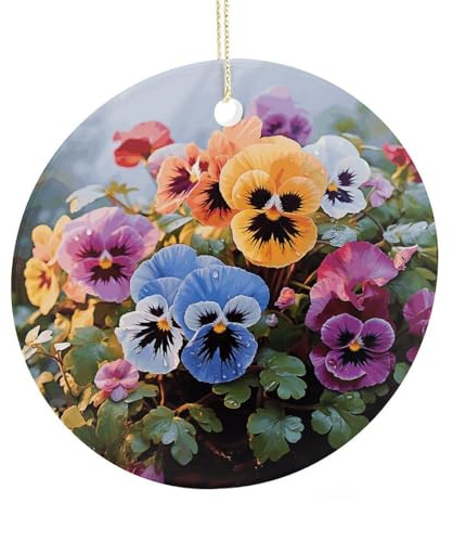 LZQPOEAS Pansy Flowers Round Ceramic Pendant Hanging Festival Ornament, Personalized Double Sided Ceramic Home Decor, Lightweight Durable Hanging Ornament Gift for Home, Party, Women Men