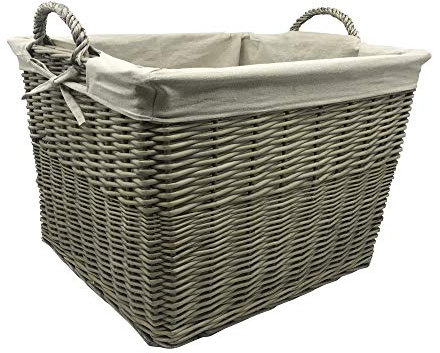 JVL Antiques Wash Canvas Lined Rectangle Log Basket with Loop Handles, Medium