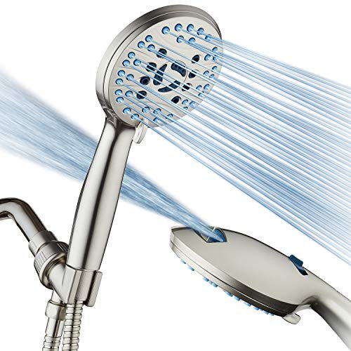 AquaCare High Pressure 8-Mode Handheld Shower Head - Anti-Clog Nozzles, Built-in Power Wash to Clean Tub, Tile & Pets, Extra Long 6 ft. Stainless Steel Hose, Wall & Overhead Brackets