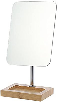 Hosoncovy Desktop Mirror with Wooden Stand,Tabletop Full Length Makeup Mirror Free Standing for Bathroom Bedroom (Rectangle)