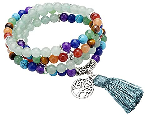 GEHECRST Schmuck 108 Perlen Edelstein Mala Kette Mala Armband 7 Chakra Edelstein Buddha Buddhistische Tibetische Gebetskette Healing Reiki Yoga Kette Halskette mit lebensbaum Anhänger