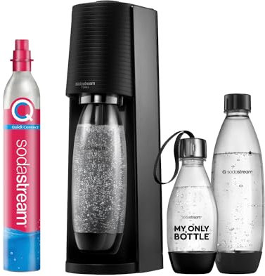 SodaStream Wassersprudler TERRA Vorteilspack mit CO2-Zylinder, 2x 1L spülmaschinenfeste Kunststoff-Flasche und 1x 0,5L spülmaschinenfeste Kunststoff-Flasche, Höhe 44cm, Schwarz
