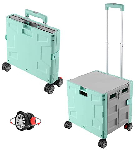 FELICON Folding Utility Cart Portable Rolling Crate Handcart with Durable Heavy Duty Plastic Telescoping Handle Collapsible Hidden Lid 4 Rotate Wheels for Travel Shop Move Office Teacher(Green&Gray)