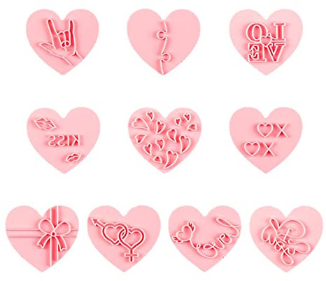 Abonda Set di formine per biscotti per San Valentino, 10 stampi per biscotti 3D con cuori di conversazione, stampini per biscotti da matrimonio, pressabili per cartoni animati