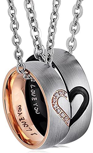 Brateuanoii Paar Halskette Mit Ring Anhänger für Paare - Freundschaftskette Mit Herz, 60Cm 50Cm in Silber, Roségold, Schwarz