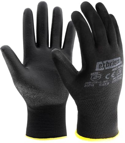 EXBRIECO, 12, 6 ou 3 Paire, Gants de Protection, Gants de Travail, Polyester et Polyuréthane, PPE, 3126X, Durables, Légers, Résistants à L'abrasion, pour le Jardinage, les Réparations, Mécanique.