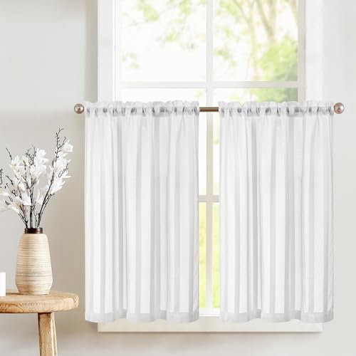 TOPICK Sheer Visillos con cordón, Transparente, diseño rústico, a Rayas, de Gasa, Cortina de Cocina, a Rayas, para baño, Ventanas pequeñas, 90 x 115 cm (Ancho x Alto), Color Blanco, Juego de 2