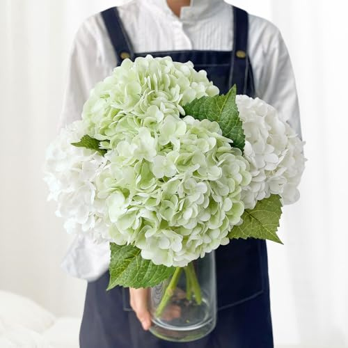 JINWOE Hortensias Artificiales de Tacto Real Verde y Blanco, 4 hortensias Artificiales realistas de látex de 21 Pulgadas, Flores Artificiales Grandes para centros de Mesa de Boda, Cocina, hogar