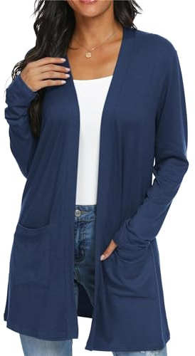 QIXING Casual Leichte Strickjacke Damen Lang Elegant Dünne Strickjacke Lange Ärmel mit Taschen Open Front Cardigan Damen Herbst (Marineblau, L)