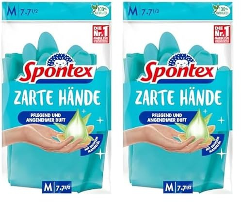 Spontex Zarte Hände, pflegende Haushaltshandschuhe mit sanftem Mandelöl, aus Naturkautschuklatex - Größe M, 1 Paar (Packung mit 2)