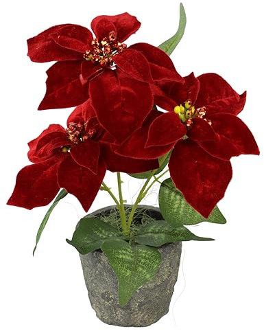 Flair Flower Fiore artificiale Poinsettia con 3 fiori in vaso, stella di Natale, decorazione natalizia, fiore artificiale, fiore singolo, ramo X'Mas, bouquet, decorazione regalo