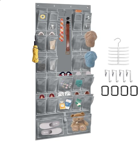 BOHEMIABY Schuhaufbewahrung Hängend 24 GroßE Taschen, Multifunktional Schuhorganizer Platzsparend, Tür Organizer mit 4 Haken 28 Vordertasche Usw.für Schlafzimmer, Wohnzimmer, Grau
