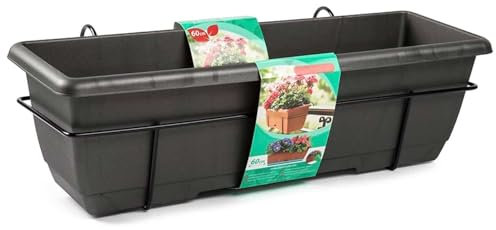 Acan Tradineur - Jardinera para balcón con Plato Integrado y Soporte metálico - PLFT - Fabricado en plástico - Capacidad de 12 L - 17 x 60 x 19,5 cm - Color Antracita