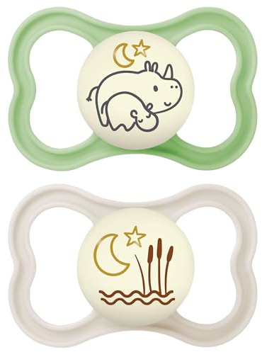 MAM Air Night Succhietto 6-16 Mesi (Set da 2), Ciuccio MAM 6-16 mesi che si illumina al buio per pelli sensibili, Kit da 2 accessori neonato con tettarella in silicone e porta ciuccio, Neutro/Verde