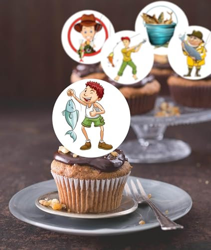 Anglesit 24 x Pre-Cut Fishing 1 Edible Stand up Wafer Paper Cupcake Toppers Cake Decorations Birthday Party Fisherman Fish