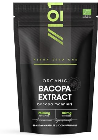 Organic Bacopa Extract 7500mg - 20% Bacosides (100mg Per Capsule) – 90 Vegan Capsules – High Strength Bacopa Monnieri Supplement – 3 Months Supply – by Alpha01