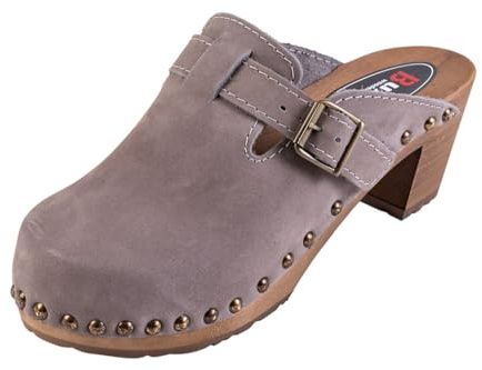 Buxa OS4 Damen Clogs Leder Schuhe aus Holz, Holzclogs Pantolette, Holz Sohle (Grau, EU Schuhgrößensystem, Erwachsene, Damen, Numerisch, M, 39)