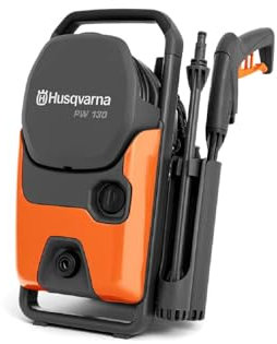 Husqvarna PW 130 Hochdruckreiniger – 130 Bar, 465 L/h Durchflussmenge, Metallpumpe, 6 m Schlauch, Schaumsprüher und Düsen - Kompakter elektrischer Strahlreiniger für Autos, Terrassen und Außenflächen